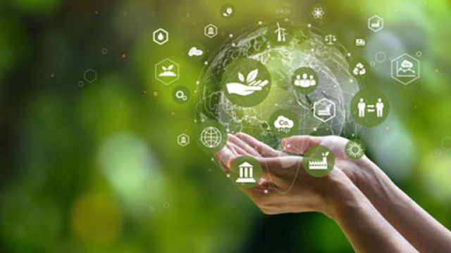 due mani che reggono un "universo digitale"