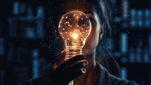 immagine di una donna che tiene in mano una grande lampadina accesa
