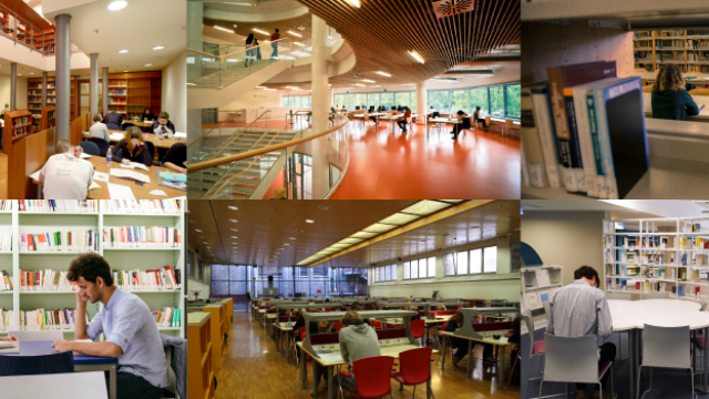 4 foto affiancate l'una all'altra con 4 interni delle biblioteche di Unito