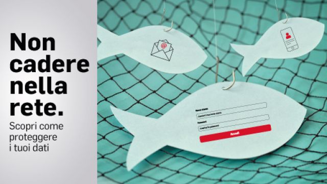 Immagine della campagna di comunicazione sulla sicurezza informatica raffigurante una rete da pesca e tre pesciolini che graficamente illustrano gli accessi ai servizi online di UniTo (MyUniTo, posta elettronica), l'uso di device mobili e l'inciso testuale "Non cadere nella rete. Scopri come proteggere i tuoi dati."