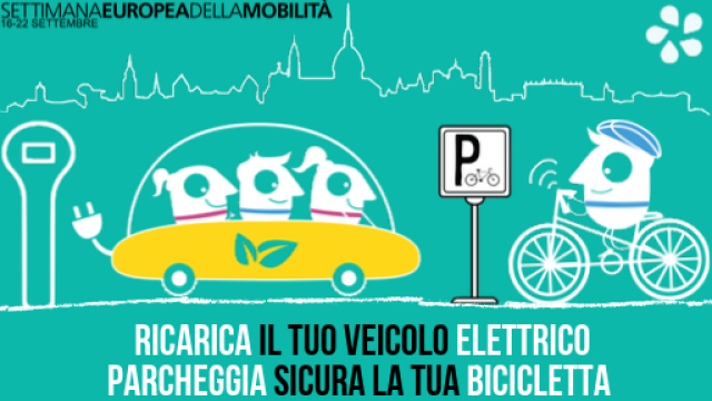 Personaggi buffi stilizzati che si muovono con car sharing e bicicletta
