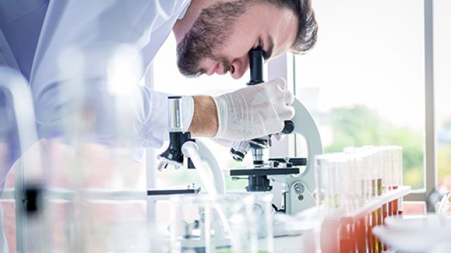 Credits: iStock / Getty Images Plus / TwilightShow Ricercatore al microscopio all'interno di un laboratorio