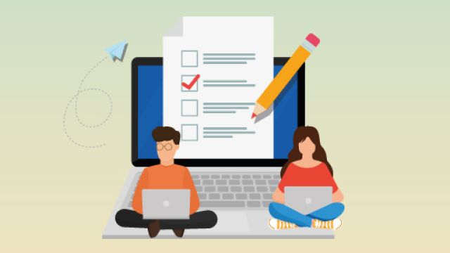 Figure stilizzate di un uomo e una donna, scrivono su un pc portatile, sullo sfondo la pagina di un test Figure stilizzate di un uomo e una donna, scrivono su un pc portatile, sullo sfondo la pagina di un test