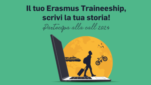 Illustrazione di uno studente con valigia con sfondo un computer e titolo 'Il tuo Erasmus Traineeship, scrivi la tua storia'