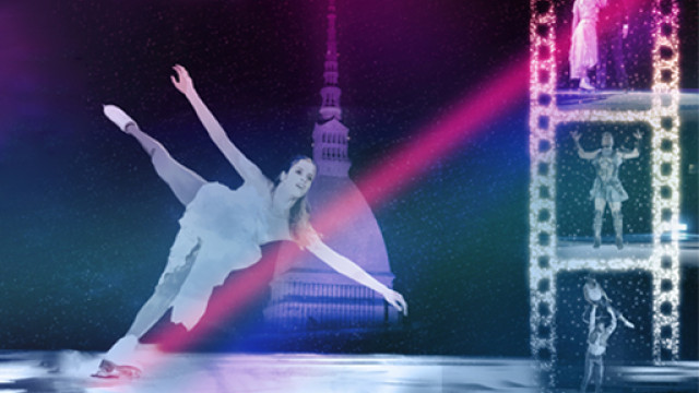 CUS Torino promuove "Cinema on Ice" al Palavela pattinatrice su ghiaccio, sullo sfondo la Mole