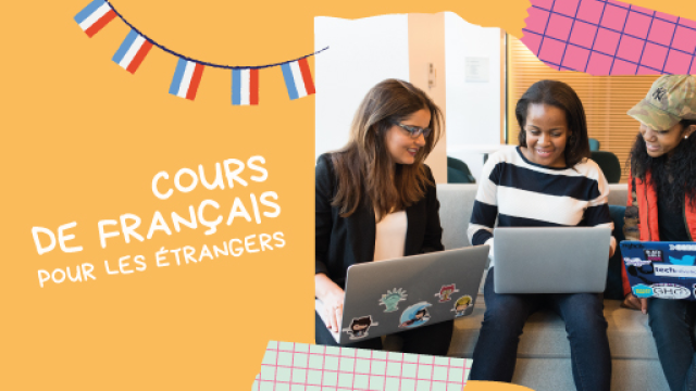 Ragazze che studiano al computer e titolo del corso in francese