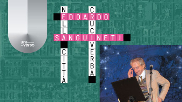 Grafica verde con cruciverba e fotografia di Sanguineti