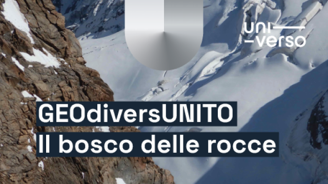 Fotografia di un ghiacciaio in montagna con titolo dell'evento 'GeodiversUniTo'