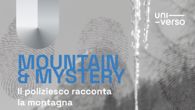 Fotografia di una montagna con impronte e titolo dell'evento Mountain and Mystery