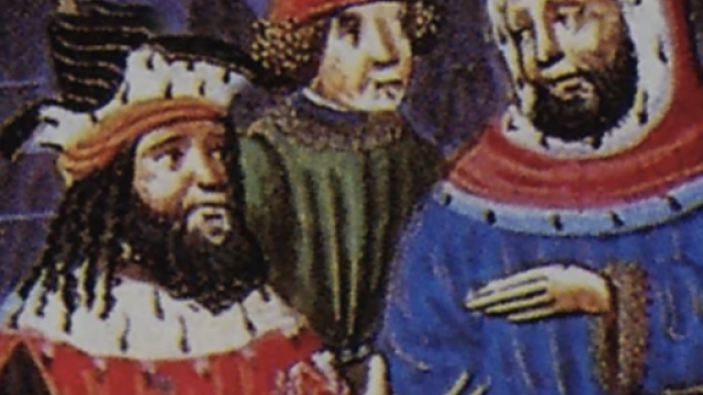 pittura medievale raffigurante tre uomini, tra cui il re a sinistra