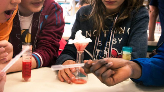 Bambini e bambine con provette per esperimenti