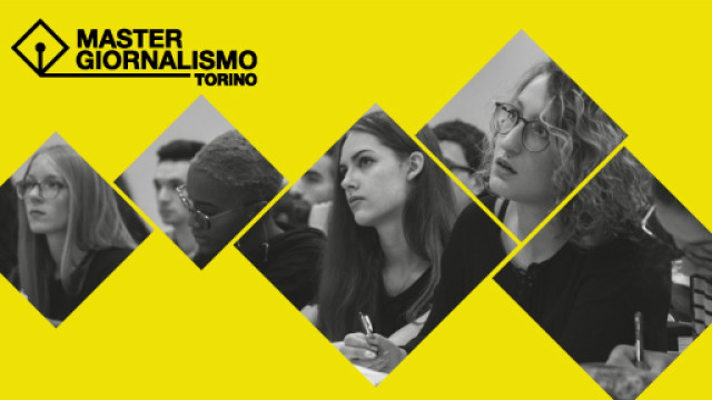 foto di volti di studenti a lezione e scritta: master in giornalismo dell'università di torino