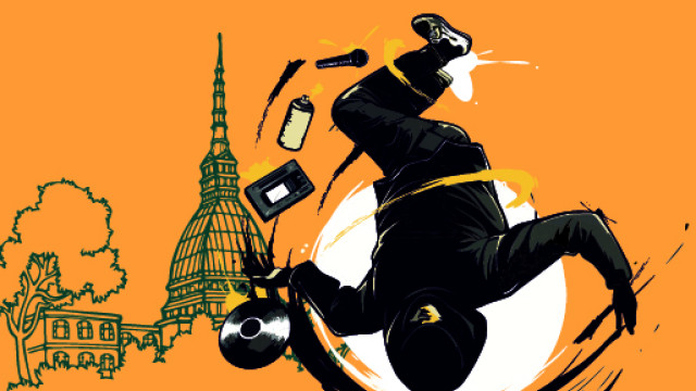 Ballerino di hip-hop che balla su uno sfondo colorato, versione fumetto