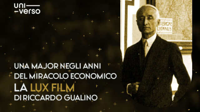 Titolo dell'evento su sfondo scuro, foto in bianco e nero di Gualino, simbolo di UniVerso