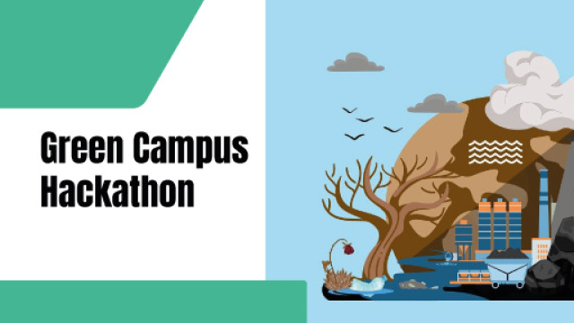 Green Campus Hackathon Titolo dell'avviso su sfondo colorato che rappresenta un albero spoglio, un fiore appassito, una ciminiera di una fabbrica di carbone