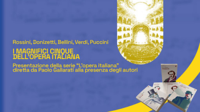 Foto stilizzata della platea del regio e di alcuni libri, sfondo colorato, titolo dell'evento