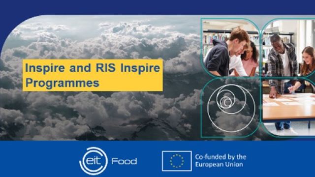 La locandina con il logo dei programmi Inspire e RIS Inspire, accompagnata dal logo di EIT Food e dall'indicazione di cofinanziamento da parte dell'Unione Europea.