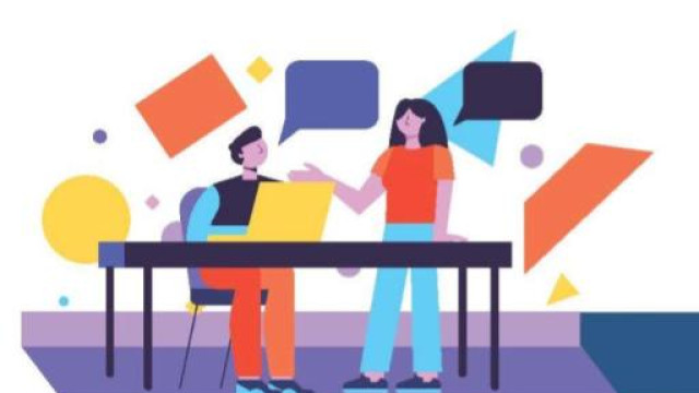 disegno di persone che parlano alla scrivania
