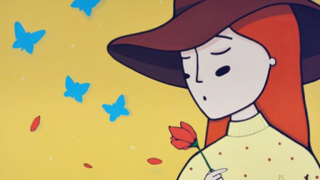 Immagine del poster dedicato a Serena Saracino nell'aula studio di Fisica: il disegno di una ragazza circondata da farfalle blu che volano