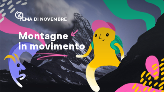 disegno di uno scalatore su fondo fotografico rappresentante una montagna