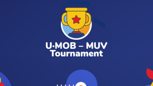 Primo torneo tra le Università europee per la mobilità sostenibile U-Mob - MUV logo dell'evento su sfondo colorato