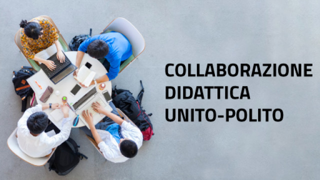 UniTo-Polito collaborazione didattica studenti riuniti intorno ad un tavolo sul quale ci sono dei tablet, frase "unito polito collaborazione didattica"