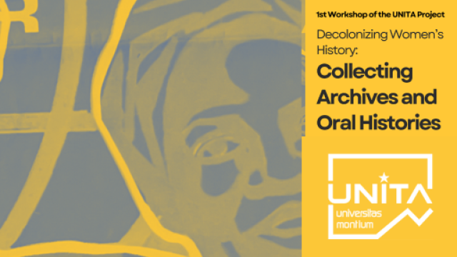 Decolonizzare la storia delle donne: raccolta di archivi e storie orali Titolo dell'evento su sfondo colorato