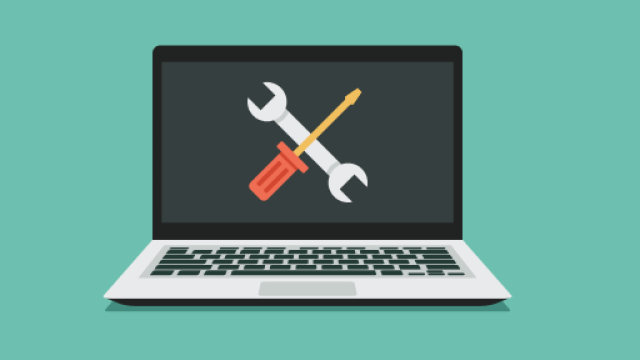 Illustrazione di un computer portatile con attrezzi da lavoro