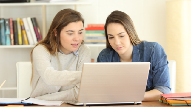 Due persone femminili che guardano e consultano un pc