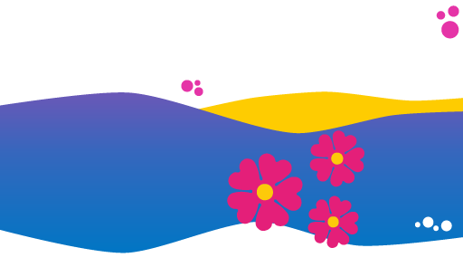 Tre fiori rosa su sfondo a forma di onda di colore azzurro