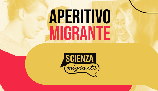 Fotografia di ragazzi sorridenti su sfondo colorato con logo 'Scienza migrante'