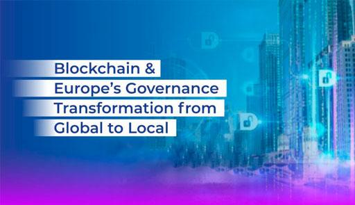 Titolo dell'evento: "Blockchain & Europe's transformation from Global to Local" su sfondo colorato