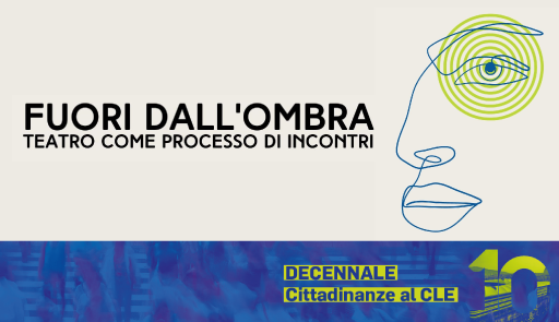 Grafica su sfondo beige e blu con immagine illustrata di un volto