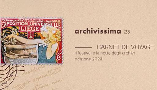 Immagine di un francobollo dell'esposizione universale di Liegi con logo di archivissima e titolo del tema carnet de voyage
