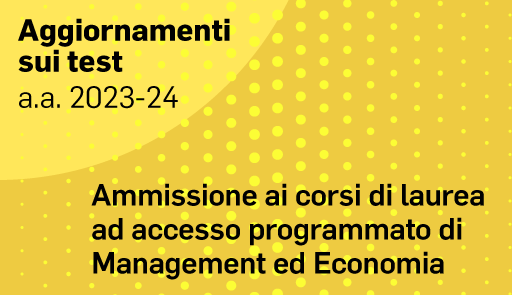 Grafica astratta su sfondo giallo con titolo dell'avviso ammissione ai corsi di laurea ad accesso programmato di Management ed Economia