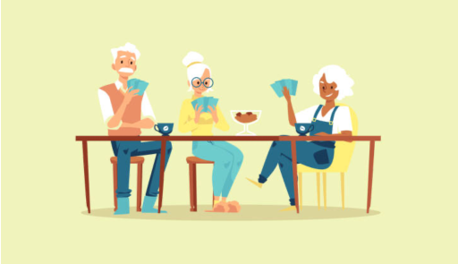 3 anziani seduti al tavolo con figurine in mano