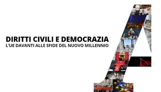 Grafica su sfondo bianco con scritta Diritti civili e democrazia. L'UE davanti alle sfide del nuovo millennio e A che riprende il logo dell'Ansa