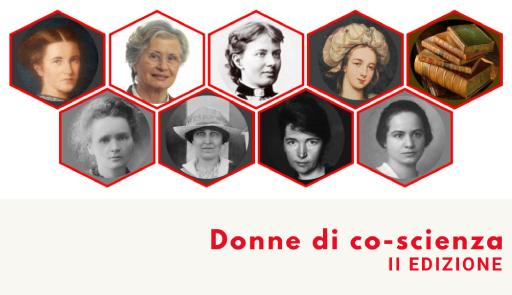 titolo dell'evento su fondo colorato con fotografie di donne scienziate