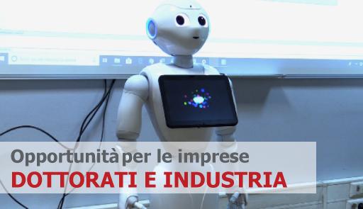 robot umanoide con piccolo schermo e titolo: Dottorati e Industria