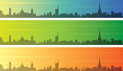 Outline della città di Torino riprodotto su tre bande orizzontali colorate