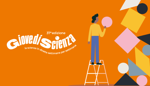 illustrazione con la scritta giovedìscienza e un personaggio illustrato salito su una scala e un cerchio in mano