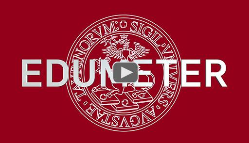 Logo dell'Università di Torino su sfondo rosso con scritta Edumeter al centro