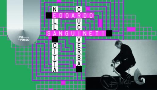 Sfondo verde e fucsia, edoardo saguineti nella città cruciverba scritto all'interno di un cruciverba, foto in bianco e nero di saguineti in bicicletta