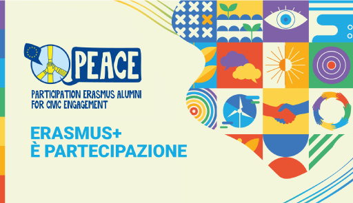 Titolo dell'evento Erasmus è partecipazione su sfondo con icone grafiche colorate