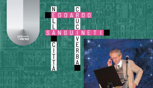 Grafica verde con cruciverba e fotografia di Sanguineti