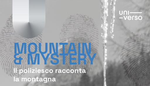 Fotografia di una montagna con impronte e titolo dell'evento Mountain and Mystery