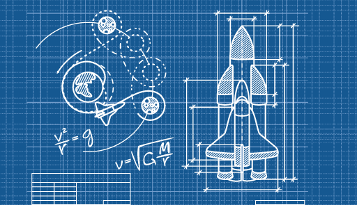 Grafica su sfondo blu con illustrazione di una navicella spaziale e formule matematiche con contorni bianchi
