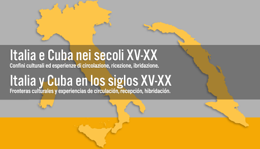 Grafica su sfondo giallo con cartina dell'Italia e di Cuba e scritte bianche