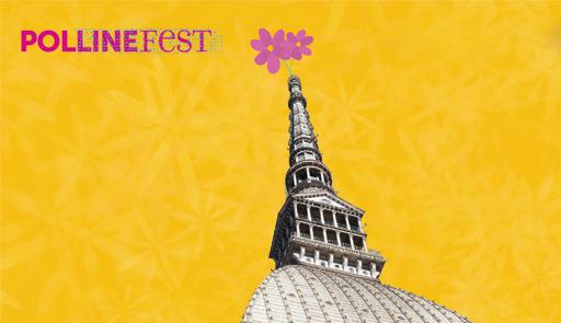 grafica su sfondo giallo con la mole antonelliana come soggetto e scritta polline fest e fiori in rosa 