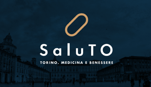 Grafica scura con logo Saluto al centro